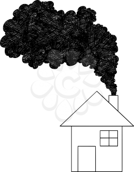 Vector artistic pen and ink drawing illustration of smoke coming from house chimney into air. Environmental concept of pollution.
