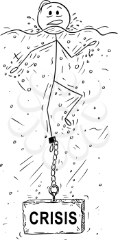 Cartoon stick drawing conceptual illustration of man or businessman drowning with block of stone or concrete weight with crisis text chained to his leg.