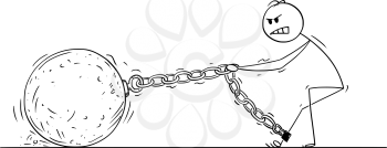 Cartoon stick drawing conceptual illustration of man or businessman pulling hard big Iron ball chained to his leg. There is space for your text on the ball.