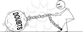 Cartoon stick drawing conceptual illustration of man pulling hard big Iron ball chained to his leg. Concept of doubts limiting affected person .