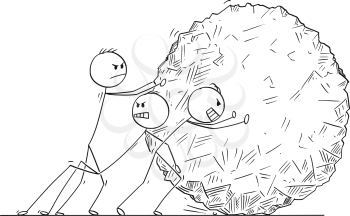 Cartoon stick man drawing conceptual illustration of team of businessmen pushing big stone ball or rock. Business concept of teamwork and cooperation.