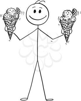 Cartoon stick drawing conceptual illustration of smiling man holding and offering two big ice cream cones with wafer.