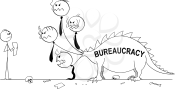 Cartoon stick drawing conceptual illustration of man or businessman facing the monster, beast or dragon. Concept of bureaucracy.