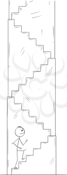 Cartoon stick drawing conceptual illustration of man or businessman walking up the stairs. Business concept of career and success.