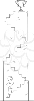 Cartoon stick drawing conceptual illustration of man or businessman walking up the stairs for winner's trophy cup. Business concept of career and success.