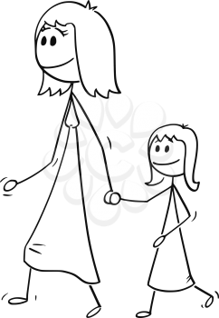 Cartoon stick drawing conceptual illustration of mother walking with daughter and holding her hand.