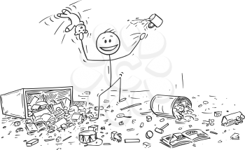 Cartoon stick drawing conceptual illustration of naughty or disobedient little boy doing mess in room by throwing toys all around.