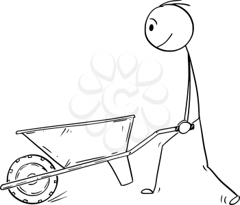 Cartoon stick drawing conceptual illustration of man pushing empty wheelbarrow.