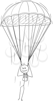 Cartoon stick drawing conceptual illustration of skydiver parachutist, man or businessman with parachute.