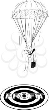 Cartoon stick drawing conceptual illustration of skydiver parachutist businessman with parachute landing at profit target. Business concept of investment and management.