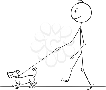 Cartoon stick drawing conceptual illustration of man walking with small dog on a leash.