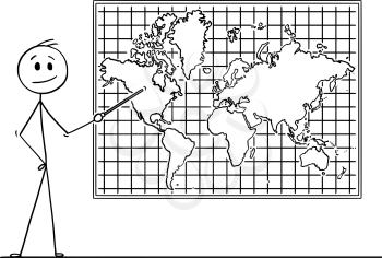 Cartoon stick drawing conceptual illustration of man using pointer and pointing at North America continent on big wall world map.