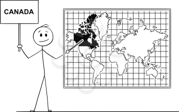 Cartoon stick drawing conceptual illustration of man holding sign and using pointer and pointing at Canada on big wall world map.
