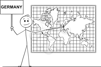 Cartoon stick drawing conceptual illustration of man using pointer and pointing at Germany on big wall world map.