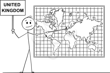Cartoon stick drawing conceptual illustration of man using pointer and pointing at United Kingdom or Great Britain or England on big wall world map.