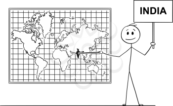 Cartoon stick drawing conceptual illustration of man using pointer and pointing at Republic of India on big wall world map.