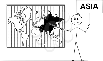 Cartoon stick drawing conceptual illustration of man holding a sign and using pointer and pointing at Asia continent on big wall world map.