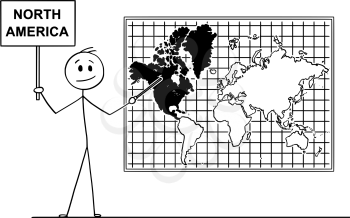 Cartoon stick drawing conceptual illustration of man holding a sign and using pointer and pointing at North America continent on big wall world map.