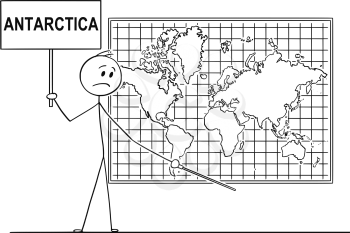 Cartoon stick drawing conceptual illustration of man Holding a Sign and using pointer and pointing at place under big wall world map, where Antarctica continent should be.