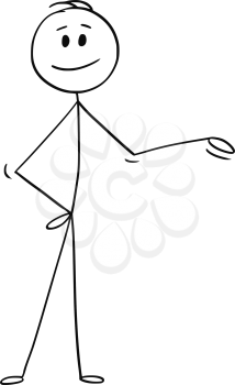Cartoon stick drawing conceptual illustration of smiling man or businessman pointing his hand and offering something on his left side.