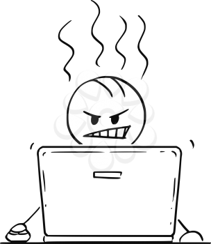 Cartoon stick drawing conceptual illustration of angry man or businessman working or typing on laptop or notebook computer.