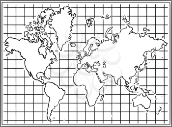 Cartoon black and white drawing of world map.
