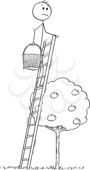 Cartoon stick drawing conceptual illustration of man, gardener or farmer going to pick apple fruit from small tree but standing on too high ladder.