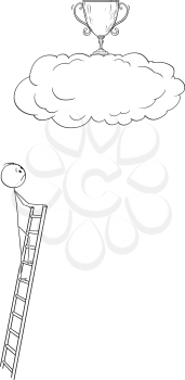 Cartoon stick drawing conceptual illustration of man or businessman who is trying to achieve the trophy cup representing success high on the sky, but his ladder is too short. Business concept of career failure and success.
