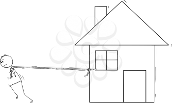 Cartoon stick drawing conceptual illustration of man pulling the family house as property expenses load concept.