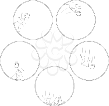 Cartoon stick drawing conceptual illustration of man trapped inside of bubble or circle in endless trials and errors. Metaphorically illustrated as man trying to get on the inner top of the circle and always falling down just to try it again.