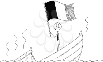 Cartoon stick drawing conceptual illustration of politician standing depressed on sinking boat with flag of Kingdom of Belgium or French Republic, France.