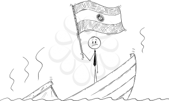 Cartoon stick drawing conceptual illustration of politician standing depressed on sinking boat waving flag of Argentine Republic or Argentina.