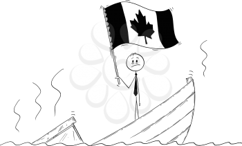 Cartoon stick drawing conceptual illustration of politician standing depressed on sinking boat waving the flag of Canada.