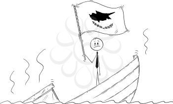 Cartoon stick drawing conceptual illustration of politician standing depressed on sinking boat waving the flag of Republic of Cyprus.