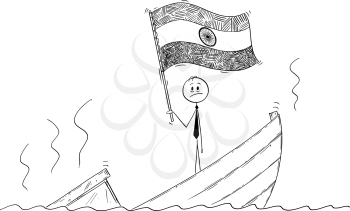 Cartoon stick drawing conceptual illustration of politician standing depressed on sinking boat waving the flag of Republic of India.