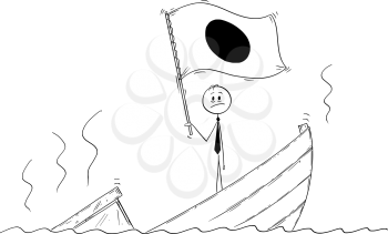 Cartoon stick drawing conceptual illustration of politician standing depressed on sinking boat waving the flag of Japan.