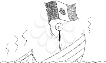 Cartoon stick drawing conceptual illustration of politician standing depressed on sinking boat waving the flag of United Mexican States or Mexico.