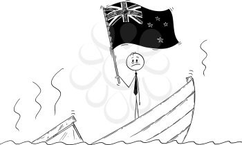 Cartoon stick drawing conceptual illustration of politician standing depressed on sinking boat waving the flag of New Zealand.