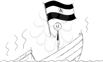 Cartoon stick drawing conceptual illustration of politician standing depressed on sinking boat waving the flag of Republic of Nicaragua.