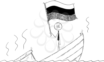 Cartoon stick drawing conceptual illustration of politician standing depressed on sinking boat waving the flag of Russian Federation or Russia.