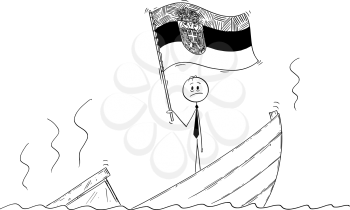 Cartoon stick drawing conceptual illustration of politician standing depressed on sinking boat waving the flag of Republic of Serbia.