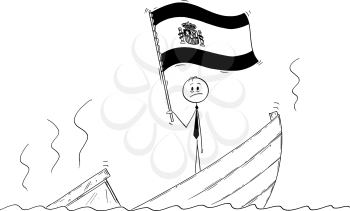 Cartoon stick drawing conceptual illustration of politician standing depressed on sinking boat waving the flag of Kingdom of Spain.
