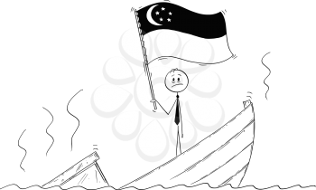 Cartoon stick drawing conceptual illustration of politician standing depressed on sinking boat waving the flag of Republic of Singapore.