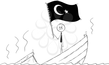 Cartoon stick drawing conceptual illustration of politician standing depressed on sinking boat waving the flag of Republic of Turkey.