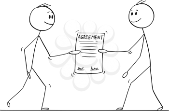 Cartoon stick drawing conceptual illustration of two men or businessmen who are holding an agreement together. Business concept of cooperation and partnership.