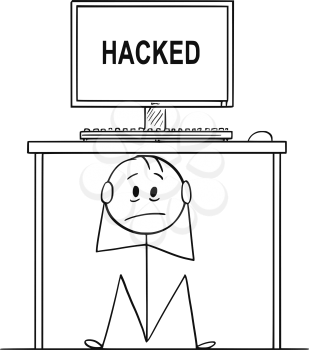 Cartoon stick drawing conceptual illustration of stressed man or businessman sitting hidden under office desk with hacked text on the screen. Concept of data security and identity theft.