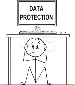 Cartoon stick drawing conceptual illustration of stressed man or businessman sitting hidden under office desk with data protection text on the screen. Concept of information security and theft.