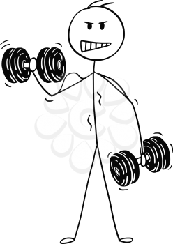 Cartoon stick drawing conceptual illustration of muscular bodybuilder man lifting two dumbbells during workout.