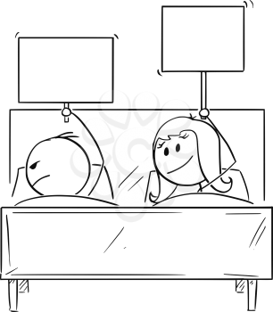 Cartoon stick drawing conceptual illustration of couple in bed, woman offering something, probably sexual intercourse, man is rejecting and wants to sleep. Both are holding empty signs for your text.