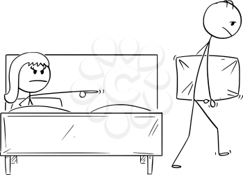 Cartoon stick drawing conceptual illustration of man expelled or banished from bed by woman. Concept or relationship difficulties.